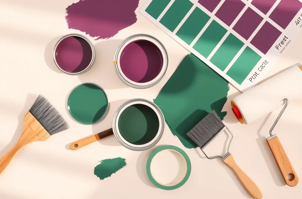 Pots de peinture, nuancier, brosses et rouleaux disposés à plat