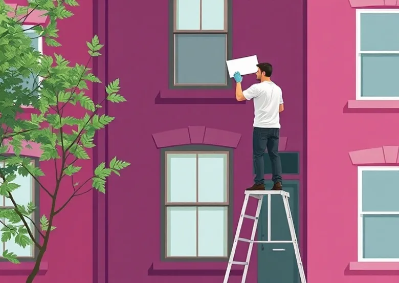 Peintre sur échafaudage traitant la façade d'une maison
