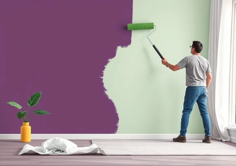 Peintre appliquant la peinture au rouleau sur un mur de salon